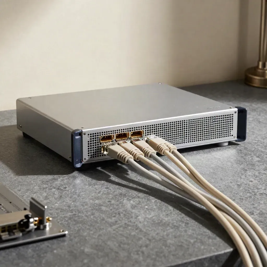 Serwer pocztowy, trzy kable Ethernet i metalowa prowadnica na neutralnym tle.