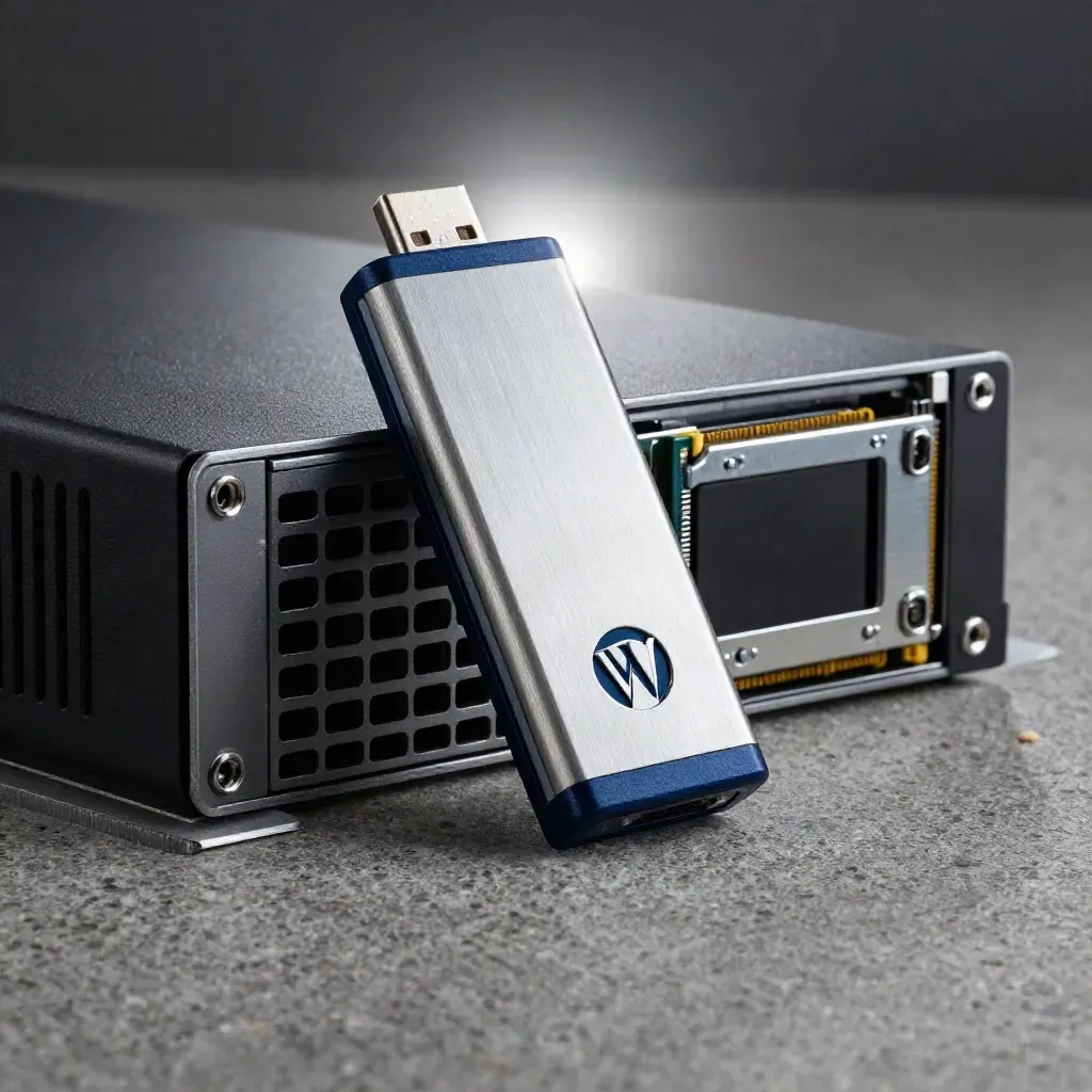 Makro zestawu instalacyjnego WordPress: pendrive, fragment serwera i uchwyt SSD na jasnym kamieniu.